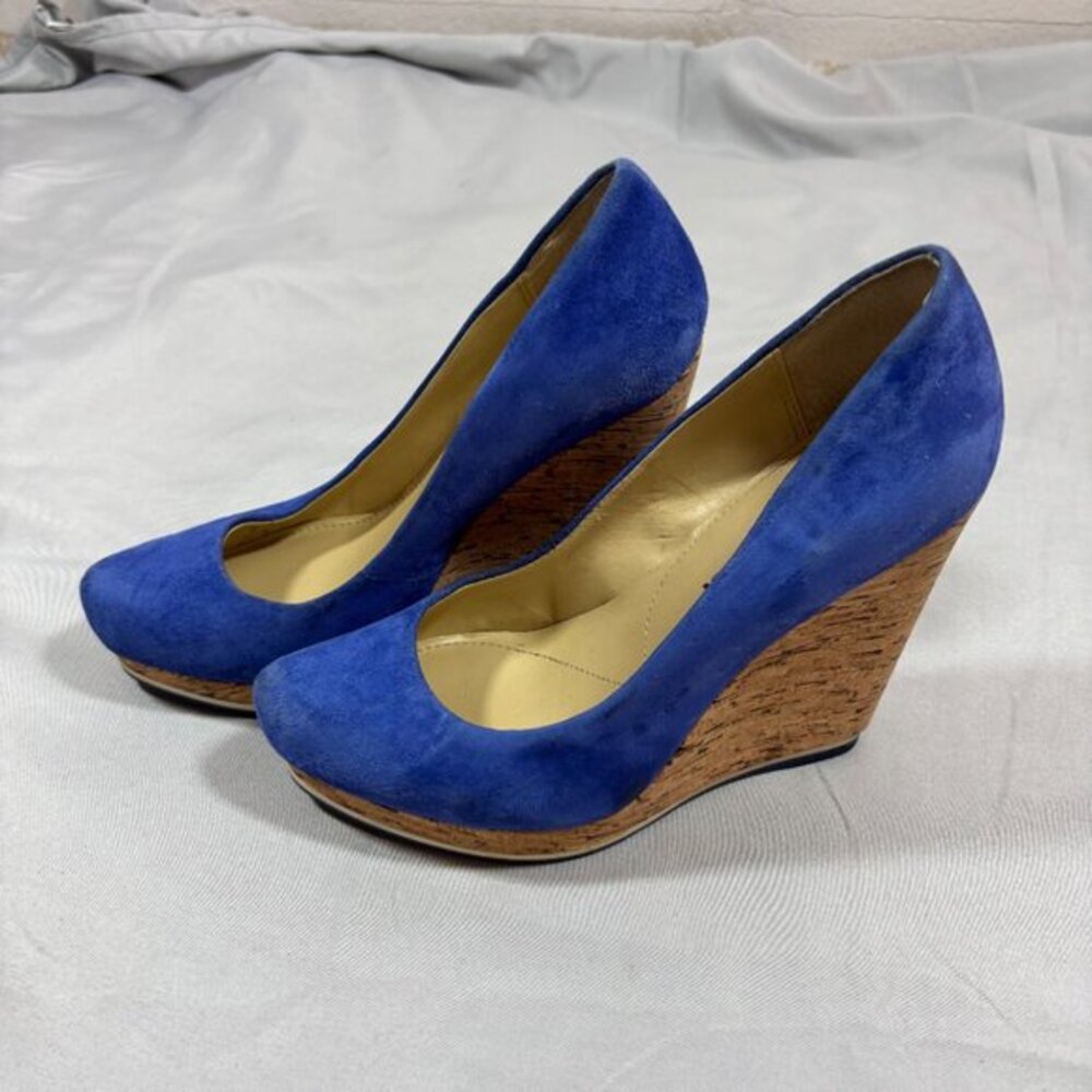 Luxury Rebel Blue Tan Suede Cork Selma Wedges Slip-On Platform Heels 6.5